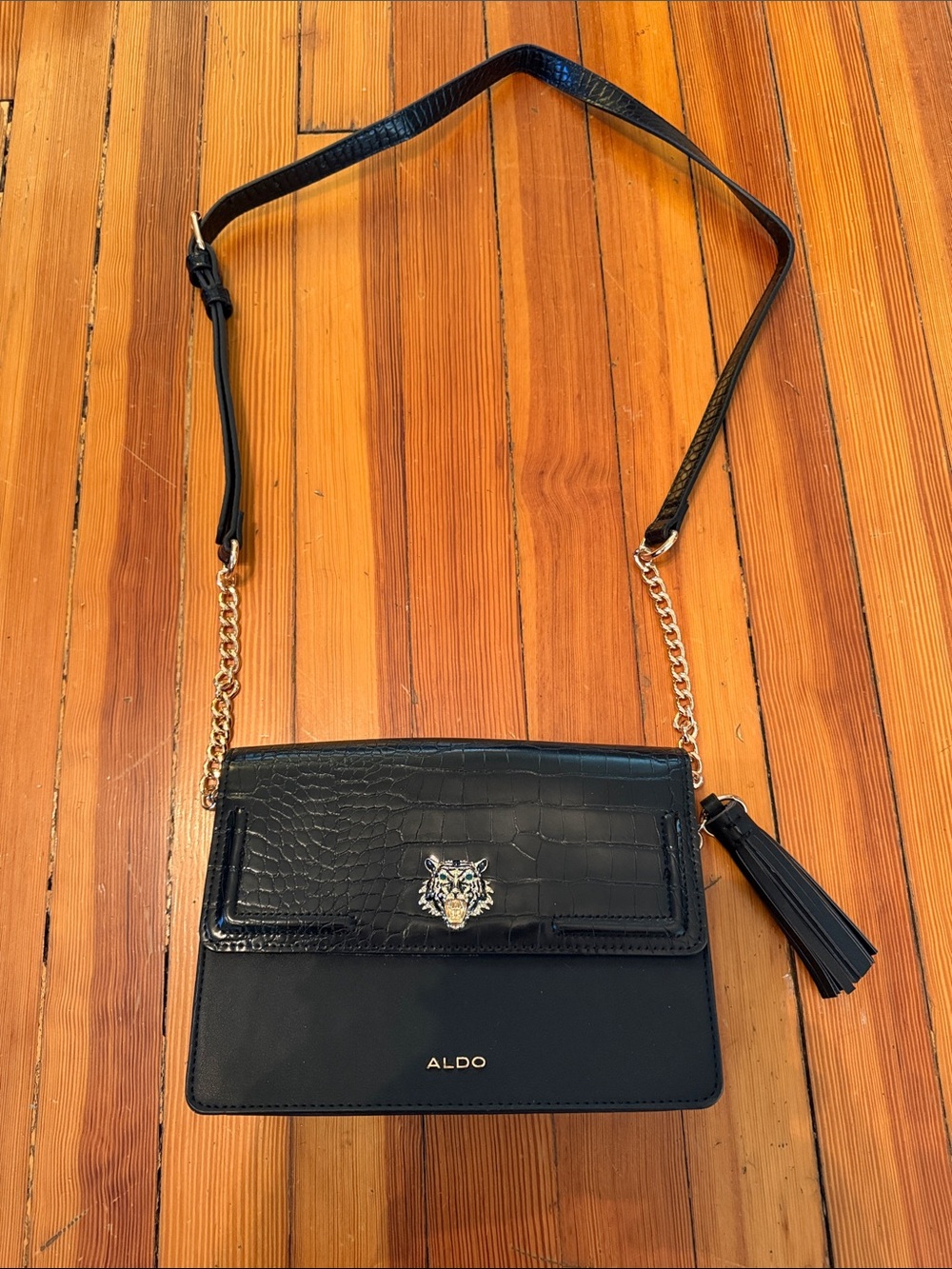 Aldo Black Croc-Texture Crossbody with Gold Chain & Tassel